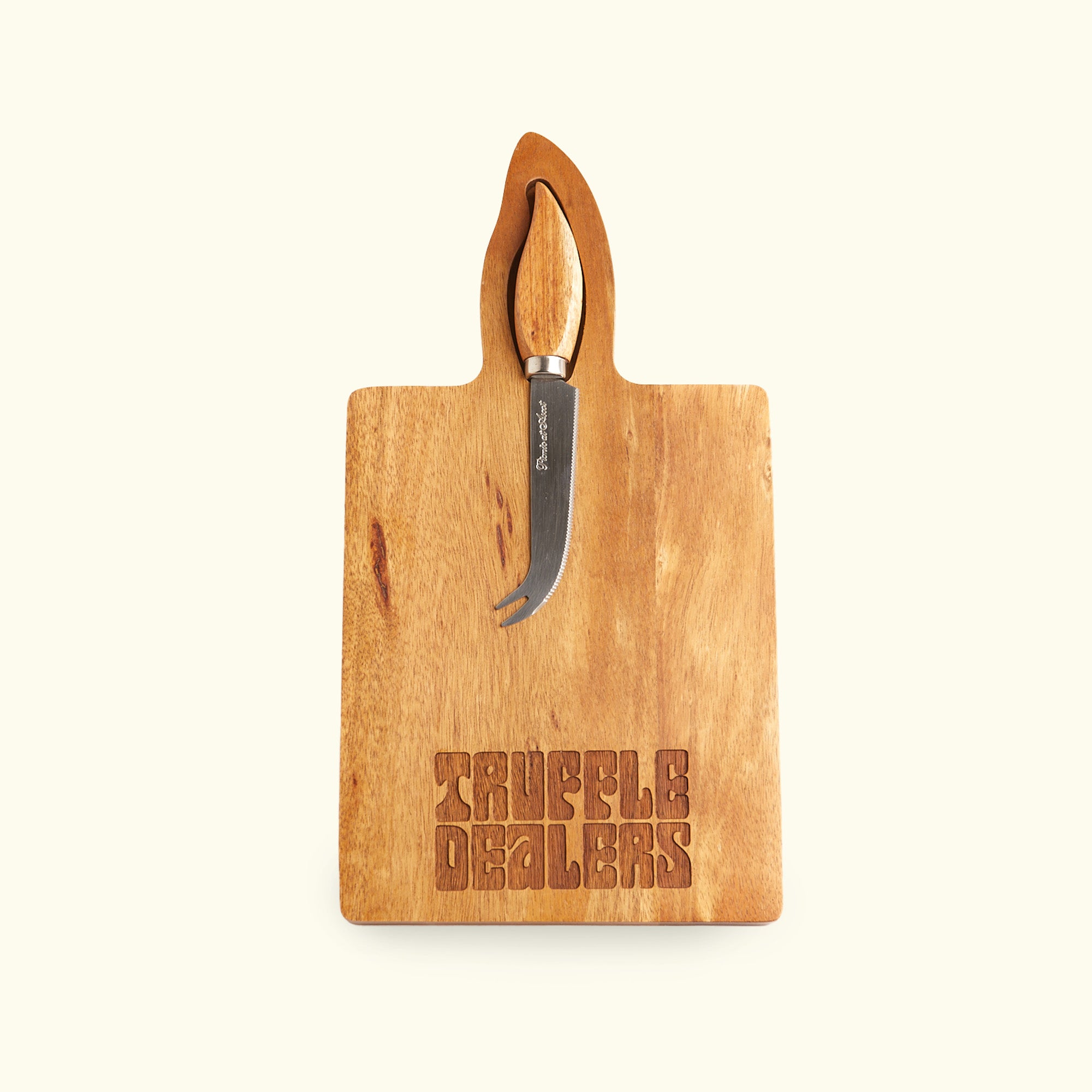 a wooden cutting board with a knife on it