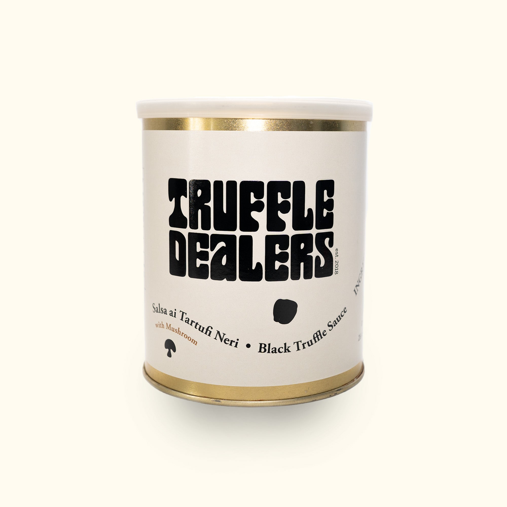 a can of black truffle dealers on a white background